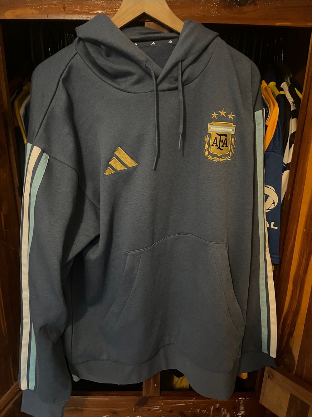 adidas slate blue pullover hoodie with white logo